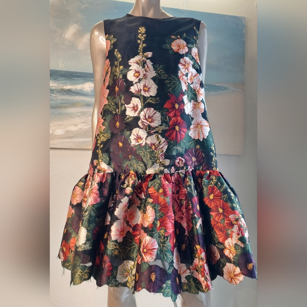 $4,990 NEW OSCAR DE LA RENTA HOLLYHOCKS EMBROD DROP-WAIST FIL COUPE DRESS US 2